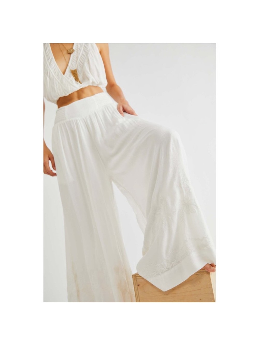 Free People white embroidered Wide-Leg flowy Pants Angie set pants